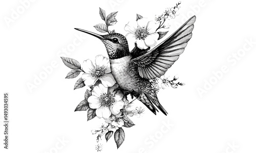 Hand-drawn Hummingbird Among Flowers, Detailed Floral Wildlife Illustration, Rustic Wall Decor, Vintage Nature Print, Black Sketch Effect, Old Engraving Style, Trendy Botanical Art