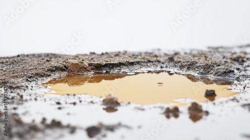 Wallpaper Mural Close up of muddy puddle with water drop on ground level shot against white background in natural light Torontodigital.ca
