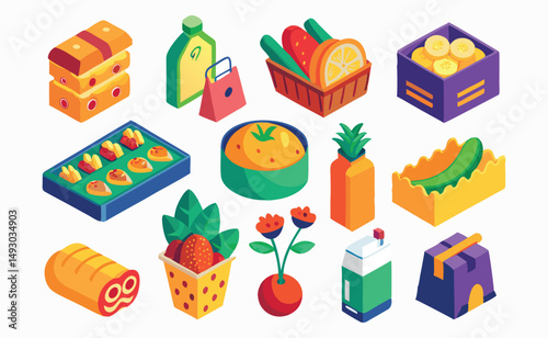 Isometric Illustration of Groceries and Food Items