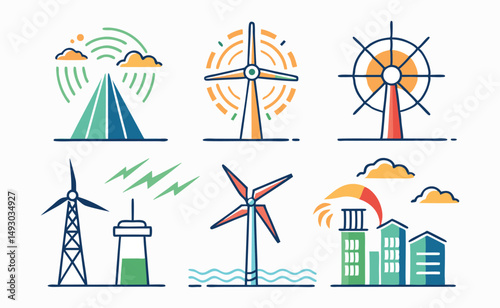 Collection of Line Art Icons Representing Renewable Energy and Capacity