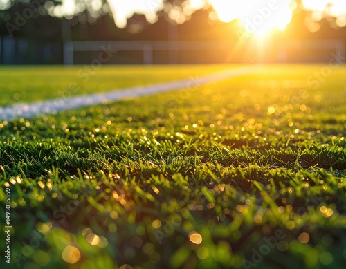 Sunset over a lush green soccer field with glowing grass