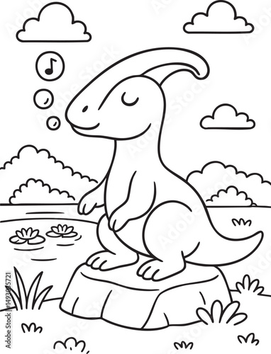 Cute Cartoon Dinosaurs in Prehistoric Landscape for Coloring Book