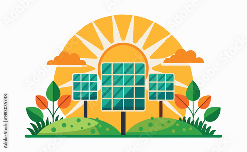 Clean Energy Solar Panels in a Sunny Landscape Illustration