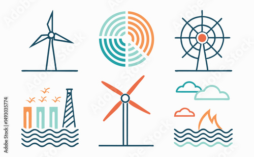 Set of Line Icons Representing Renewable and Nonrenewable Energy Sources