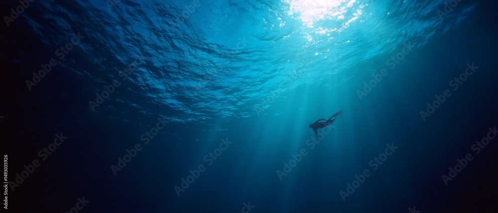 Naklejka premium A lone diver glides through the deep blue ocean, surrounded by rays of sunlight piercing the water, creating an ethereal, tranquil atmosphere.
