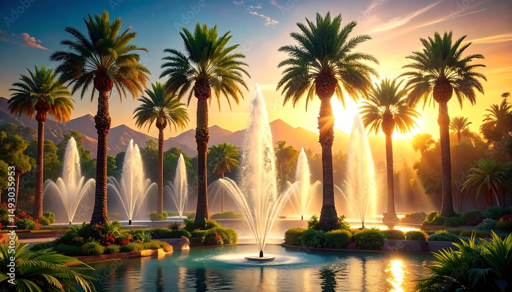Obraz premium Tranquil Palm Tree Fountains with Water Jets Under Warm Sunset Light in Digital Painting Style