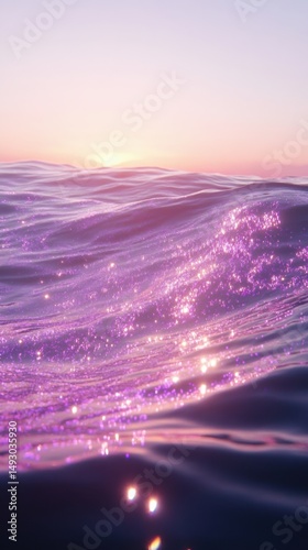 Sparkling Ocean Waves at Sunset, Low Angle View, Soft Light, Serene Water Surface, Pink and Purple Hues, Coastal Beauty, Peaceful Scene