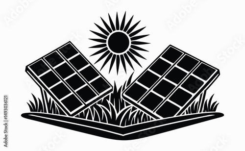 Solar Panels in Grass with Sun Icon Black and White Illustration