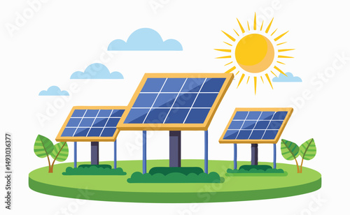 Three Solar Panels Generating Clean Energy in Sunny Field
