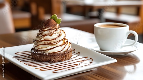 Delicious dessert with coffee served on a restaurant table setting