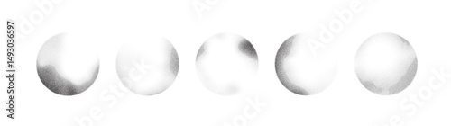 Grain noise dot sphere with gradient spray pattern background vector. Abstract brush round dissolve effect with grainy sand and ink. Sun white black stipple planet fade with halftone shadow ring.