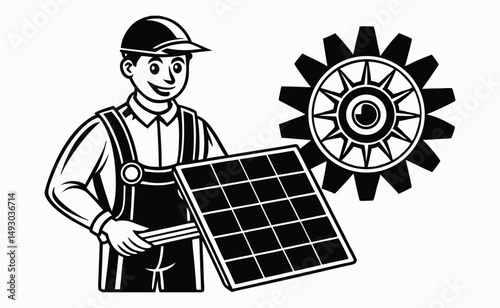 Smiling Technician Holding Solar Panel with Gear Illustration
