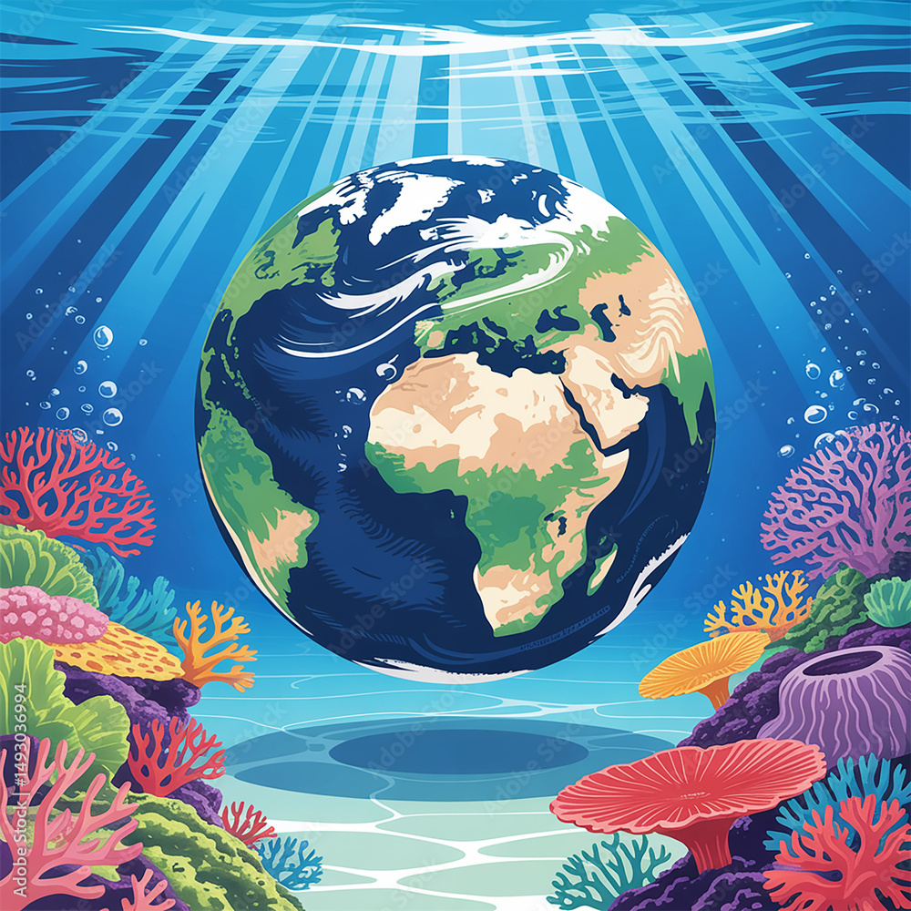 Naklejka premium Earth floating underwater surrounded by colorful coral reefs and ocean sunlight
