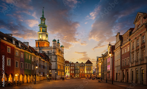 View of old market square in Poznan, Poland, Europe.. Evening view.