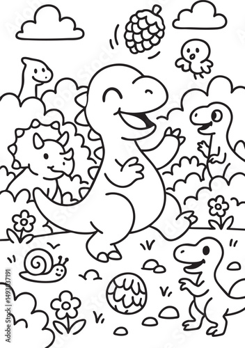 Cute Cartoon Dinosaurs in Prehistoric Landscape for Coloring Book
