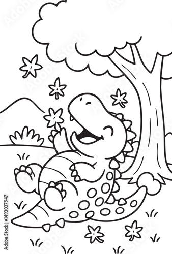 Cute Cartoon Dinosaurs in Prehistoric Landscape for Coloring Book