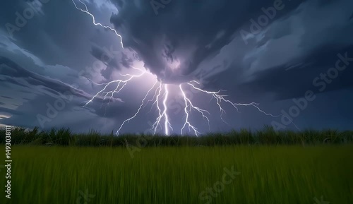 dramatic lightning crack illuminating a vast open field