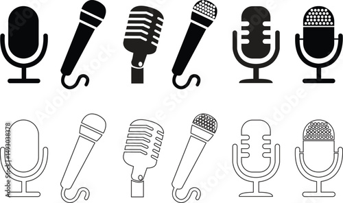 Microphone flat and line Icons set. Mic Podcast collection for web and mobile apps. Podcast mike, journalist microphones vector illustration