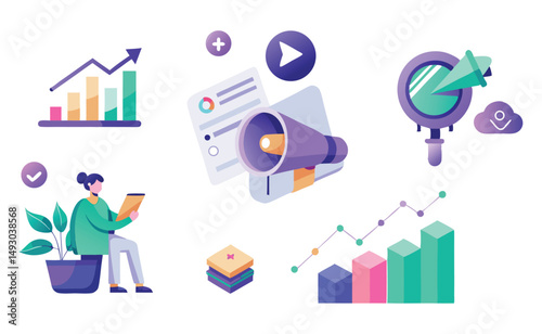 Digital Marketing Strategy Growth Analysis with Icons and Charts