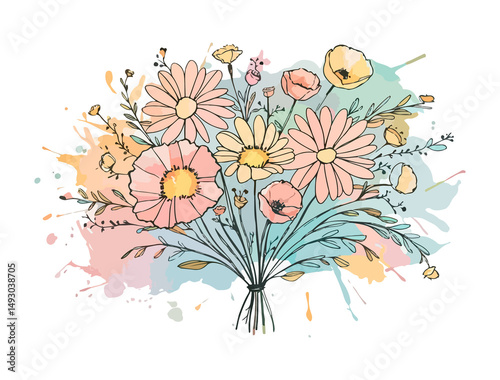Floral Harmony: A captivating watercolor illustration of a vibrant bouquet, featuring daisies and poppies, radiates the freshness and delicacy of nature's artistry.
