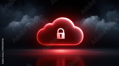 A glowing red cloud icon with a padlock symbol, representing secure cloud storage, set against a dark, dramatic background.