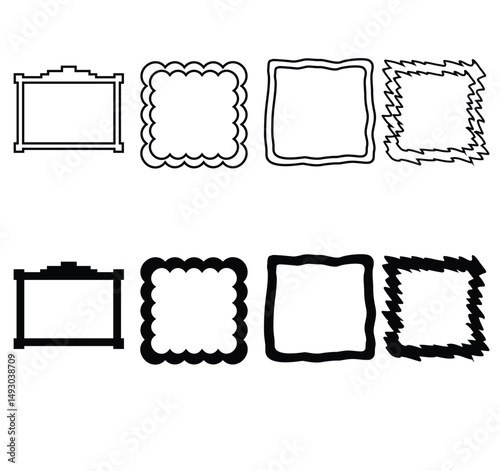 Cute cartoon hand drawn vector Set of different border frames outline and silhouette.