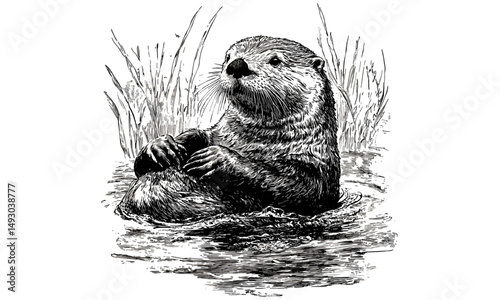 Vintage Hand-drawn Sea Otter in River, Rustic Wildlife Design, Coastal Animal Print, Engraved Marine Life Art, Black Sketch Effect, Nature Wall Decor, Old Engraving Style, eco art