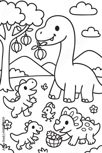 Cute Cartoon Dinosaurs in Prehistoric Landscape for Coloring Book