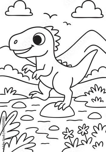 Cute Cartoon Dinosaurs in Prehistoric Landscape for Coloring Book