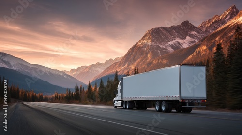 A stunning image of stunning image of white cargo truck with a white blank empty trailer for ad on a highway road in the united states. beautiful nature mountains and sky. golden.