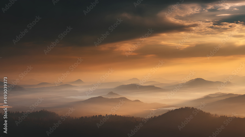 Fototapeta premium Majestic mountain peaks at sunrise, golden light through misty valleys -- A serene wilderness awakening