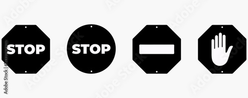 Stop Sign Icons Set. Black Silhouette Octagon Symbols with Hand and Text Variations