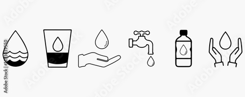 Water Icons Set. Black and Outline Symbols for Hydration, Tap Water, and Conservation