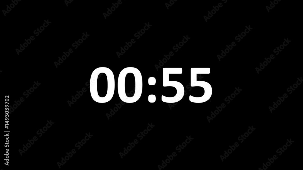 One minute countdown animation from 60 seconds to 0 seconds on a transparent background, One minute countdown timer with alpha channel