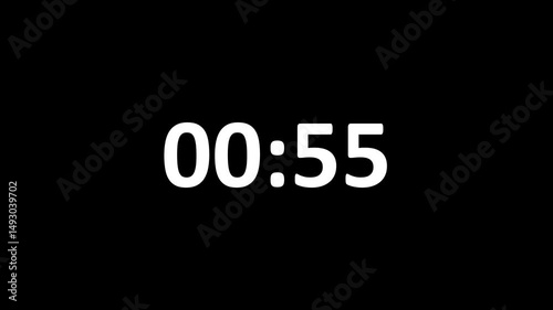 One minute countdown animation from 60 seconds to 0 seconds on a transparent background, One minute countdown timer with alpha channel