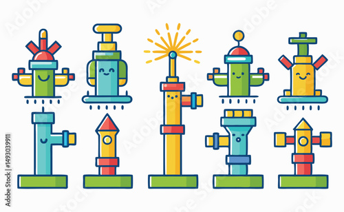 Collection of Cute Cartoon Fire Hydrants and Water Towers