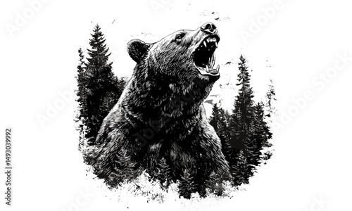 Vintage Animal Illustration, Hand-etched Bear Roaring, Rustic Wildlife Print, Black Sketch Effect, Old Engraving Style, Wilderness Wall Decor, Detailed Nature Design, Safari Art,
