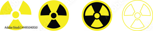 Set of yellow circular radiation hazard signs. Radioactive irradiation warning. Nuclear Atomic bomb danger.
