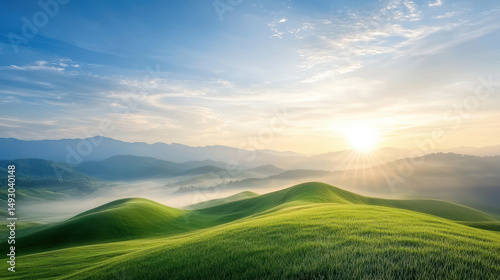 Serene landscape of rolling green hills bright sunrise, with morning fog gently enveloping valleys, creating peaceful