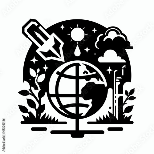 Black and white world globe illustration featuring nature elements, clouds, and a dropper