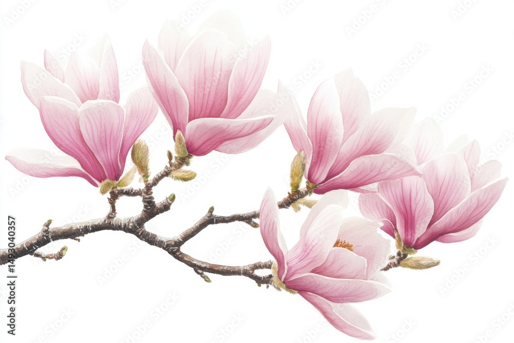 Naklejka premium Pink Magnolia Branch Blooming in Spring Watercolor Painting on White Background Close Up Floral Illustration