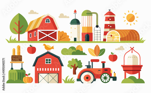 Farm Illustration with Red Barns Tractor and Autumn Elements
