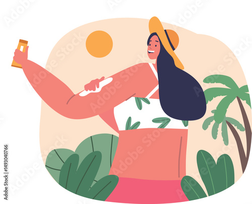Woman tourist applying sunscreen vector illustration