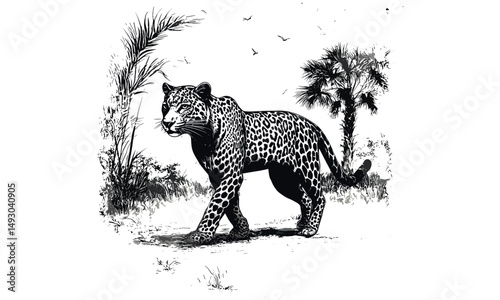 Vintage Wild Cat Illustration, Hand-etched Leopard in Jungle, Rustic Safari Decor, Jungle Wildlife Art, Engraved Animal Print, Old Engraving Style, Black Sketch Effect, exotic animal poster,