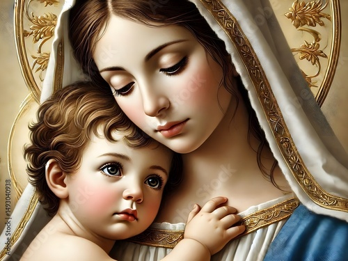 Holy Closeup Portrait of Baby Jesus and Mother Mary