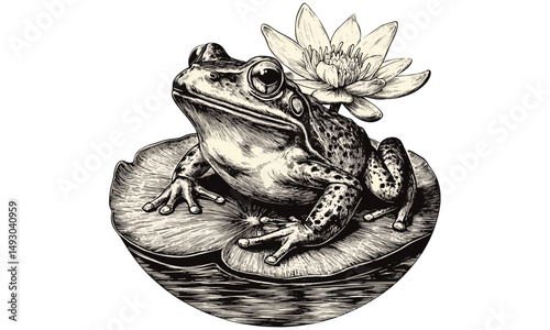 Monochrome Frog Illustration on Lily Pad, Rustic Wildlife Etching, Vintage Line Art, Nature Sketch for Animal Lovers, antique drawing, nature print, hand-drawn wildlife