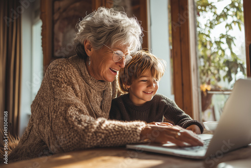 Grandmother and grandson using laptop together cozy home photography of family