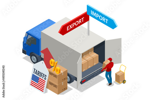 Isometric showing rising US import tariffs, affecting global logistics with plane, cargo ship, truck, and map route symbolising Import tariffs, trade war and economic conflict