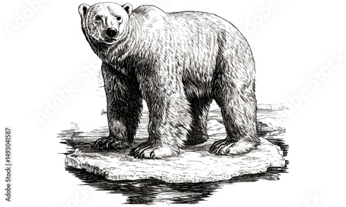 Winter Animal Art, Hand-etched Polar Bear on Ice, Old Engraving Style, Detailed Black Sketch Effect, Rustic Nature Print, Vintage Wildlife Design, Arctic Scene, Nature Wall Art,