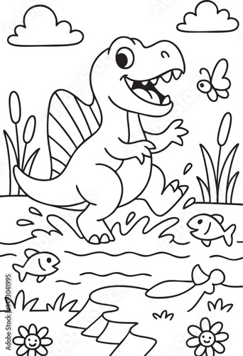 Cute Cartoon Dinosaurs in Prehistoric Landscape for Coloring Book